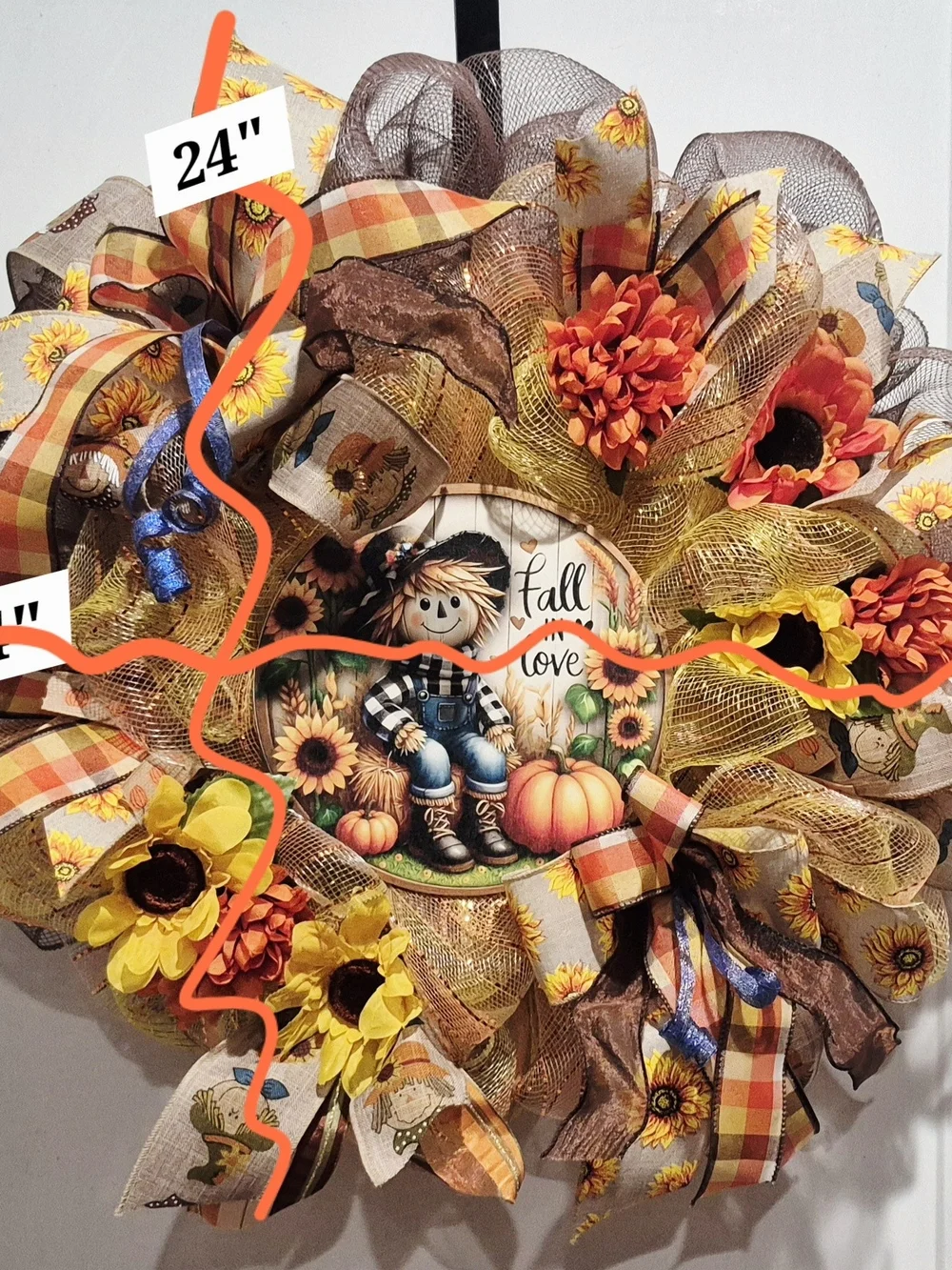 Fall In Love Sunflower Scarecrow Wreath - Yellow Orange Brown